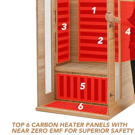 Garvee 2024 Upgrade 2 Person Sauna, 6 Heating Plate Infrared Physical Therapy Wooden Dry Steam Sauna, Low EMF, MP3 Auxiliary Connection, Dual Controls Inside and Outside Fits, Home Spa Day Use Garvee