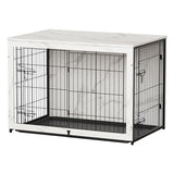 Megidok Wooden Dog Crate Furniture with Cushion,Large Dog Crate End Table with Tray, Double Doors Kennels Indoor (43.1" L*28.6" W*30.3" H, Marble White) Megidok