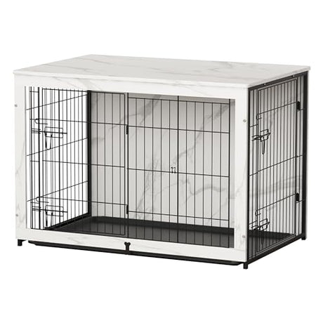Megidok Wooden Dog Crate Furniture with Cushion,Large Dog Crate End Table with Tray, Double Doors Kennels Indoor (43.1" L*28.6" W*30.3" H, Marble White) Megidok