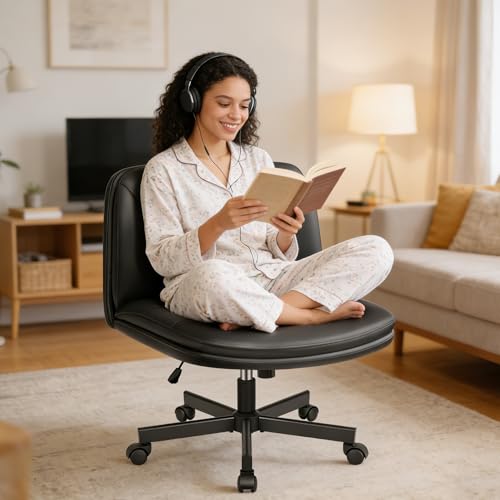 HeroSet Criss Cross Chair with Wheels,Comfy Wide Vanity Chair,Scratch-Resistant Leather Cross Legged Desk Chair,Height Adjustable Computer Office Desk Chairs HeroSet