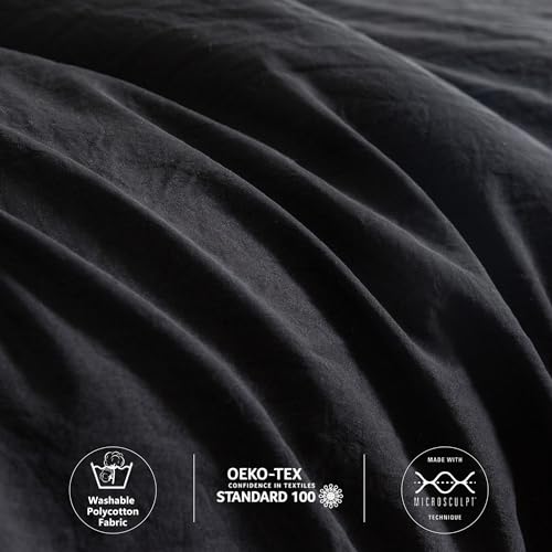 Ultra-Soft Black Twin Comforter Set, Washed Cotton 2 Piece Fluffy Lightweight Down Alternative Bedding Comforter for All Seasons - 1 Conforter and 1 Pillowcase - Twin/Twin XL Size Signal Dorm Kids Bed COTTEBED
