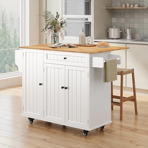 Ahomly Kitchen Island with Storage, Island Table for Kitchen with Drop Leaf, 5 Wheels, Interal Storage Rack, a Drawer, Spicy Rack and Towel Bar, Sufficient Countertop Space and Storage, White