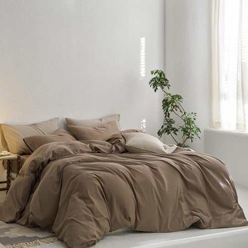 MooMee Full Duvet Cover Set, 100% Washed Cotton Linen Like Twill Thick Sturdy Material Super Soft Breathable Durable Bedding for All Season, 3 Pieces (Bombay Brown, Full 80"x90") MooMee