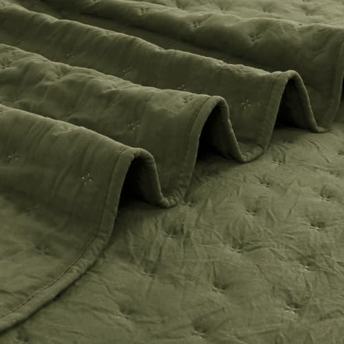 ROARINGWILD Olive Green Cloud Twin Size Quilt Bedding Sets with Pillow Sham, Farmhouse Lightweight Soft Bedspread Coverlet, All Season Rustic Country Thin Comforter, 2 Pieces, 68x90 inches ROARINGWILD