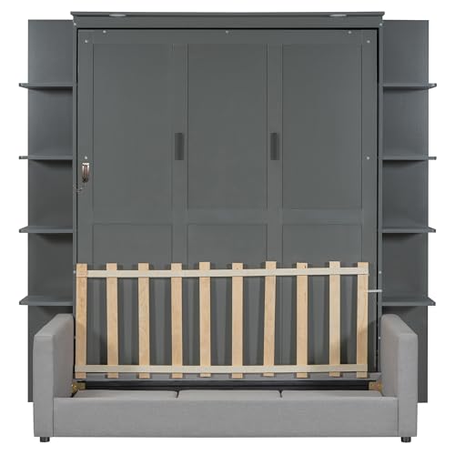 Merax Queen Size Murphy with Sofa and Shelves for Bedroom or Guestroom Wall Bed Space Saving Hidden Bed,No Need Fix to The Wall,Gray Merax