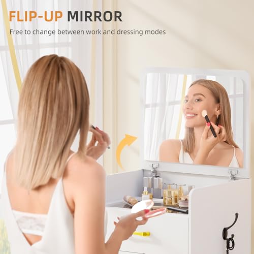 Gurexl 3 in 1 Vanity Desk with Flip Top Mirror for Bedroom,Small Compact Vanity with Visible Glass Desktop for Cloakroom,Makeup Vanity Set with 3 Drawers,Cushioned Stool,Dressing Table,White Gurexl