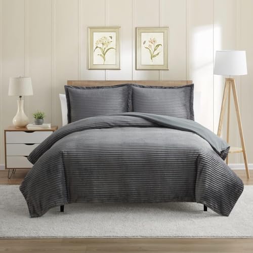 Hearth & Harbor Premium Flannel Duvet Cover Set - 3 PC Reversible Full Comforter Cover Set with Microfiber Back - 1 Velvet Duvet Cover Full & 2 Pillow Shams 80 x 90 inches - Charcoal Gray Hearth & Harbor