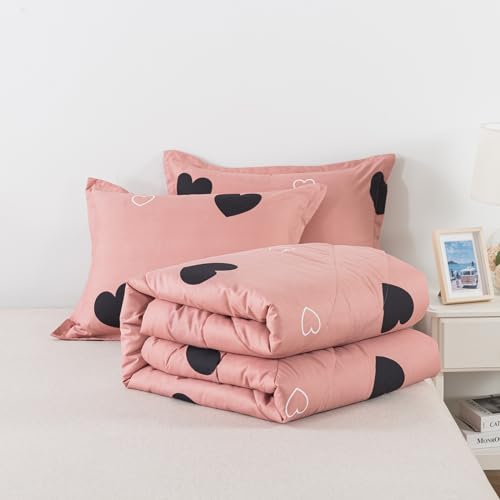 Caressma Love Pattern Girls Pink Comforter Set Twin Size, Cameo Brown Cute Love Heart Print Sexy Comforter Bedding Set for All Seasons, Geometric Soft Microfiber Comforter Set with Pillowcase Caressma