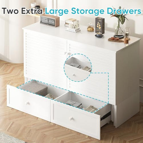CECER Queen Size Murphy Bed with Storage & Charging Station,Multi-Functional Murphy Cabinet Bed with Mattress Included for Bedroom/Guest Room/Small Space,Easy Assembly -White CECER
