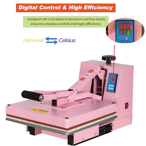 15x15 Heat Press Machine with Slide-Out Platen, T-Shirt Heat Transfer Press for DTF & HTV Vinyl, 110V 1400W Digital Temp/Timer, Dual Support Arms, 0–400°F, Pink WUMSTOT