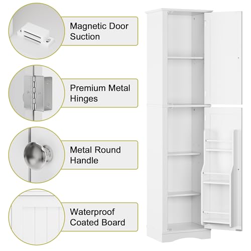 Function Home Tall Bathroom Storage Cabinet, 64" Slim Kitchen Pantry with Door Storage, Narrow Wood Freestanding Cabinets with Adjustable Shelves for Kitchen Living Room Dining Room, White Function Home