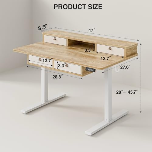Grandder 47 Inch Electric Standing Desk with Four Drawers, Sit to Stand Up, Height Adjustable Desk with Storage Shelf for Home Office, Study, Ergonomic Adjustable Computer Desk, Oak Grandder