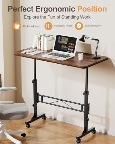 Small Standing Desk Adjustable Height, Mobile Stand Up Desk with Wheels, 32 Inch Portable Rolling Desk Small Computer Desk, Portable Laptop Desk Standing Table Rustic Amztabler