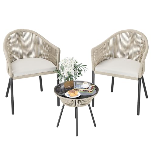 Devoko Patio Furniture Set 3 Pieces Rope Woven Bistro Set Outdoor Conversation Set with 2 Wide Chairs,Cushions and Tempered Glass Table for Balcony Porch Backyard Garden Poolside Devoko