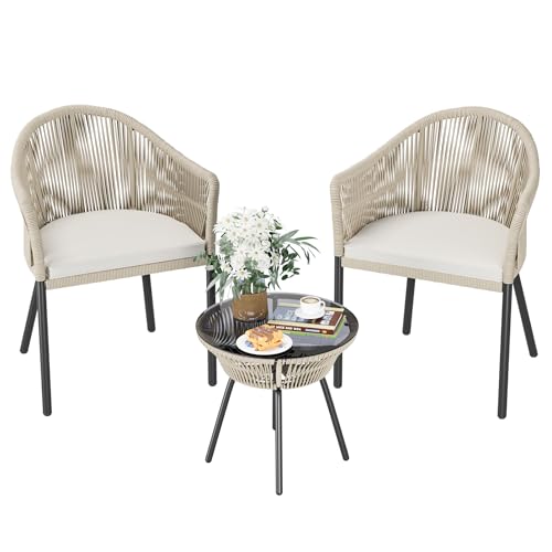 Devoko Patio Furniture Set 3 Pieces Rope Woven Bistro Set Outdoor Conversation Set with 2 Wide Chairs,Cushions and Tempered Glass Table for Balcony Porch Backyard Garden Poolside - WoodArtSupply