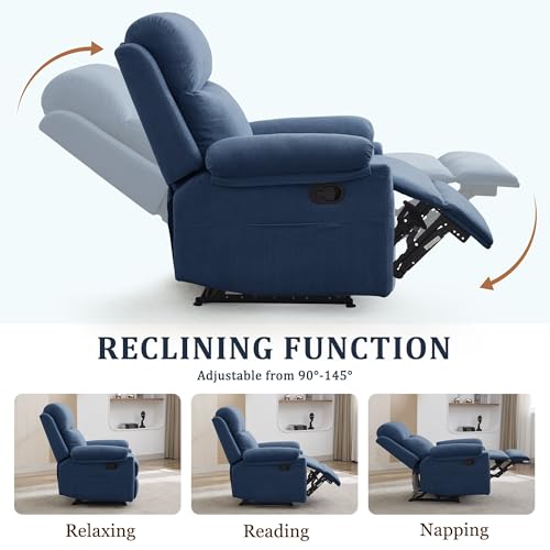Korser Recliner Chair, Manual Recliner for Adults with Side Pocket, Small Recliners for Small Spaces, Adjustable Comfy Overstuffed Corduroy Reclining Chairs for Living Room, Reading, Bedroom, Blue