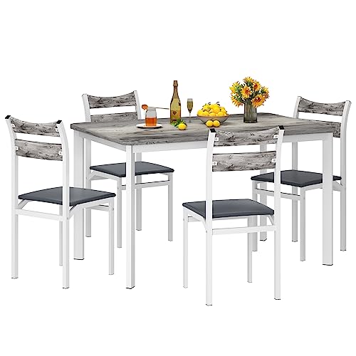 DKLGG Dining Table Set for 4, 43.3" Dining Room Table with 4 Upholstered PU Leather Chairs, Modern Wood Kitchen Table and Chairs Set, 5-Piece Dinette Set for Breakfast Nook, Small Places, Grey DKLGG