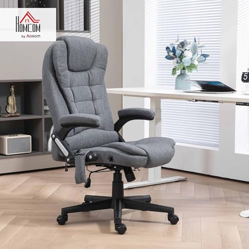 Vinsetto 6 Point Vibrating Massage Office Chair with Heat, Linen High Back Executive Office Chair with Reclining Backrest, Padded Armrests and Remote, Gray HOMCOM