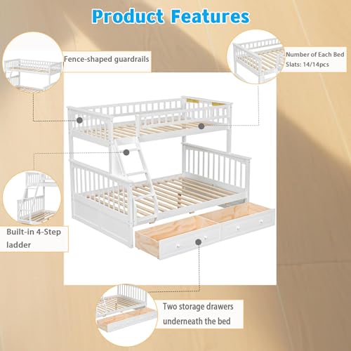 Harper & Bright Designs Convertible Wood Twin Over Full Bunk Bed with 2 Storage Drawers and Ladder - Can Be Divided Into Two Daybeds, White Harper & Bright Designs
