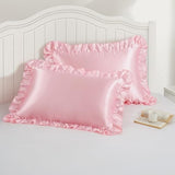 P Pothuiny 3-Piece Set Ruffle Satin Pillowcases & Twin Fitted Sheet, Luxury Blush Pink Satin Fitted Sheet Silky Soft Cute Bedding Bedroom Dorm Decor, Wrinkle Free, 15 Inch Deep Pocket P Pothuiny