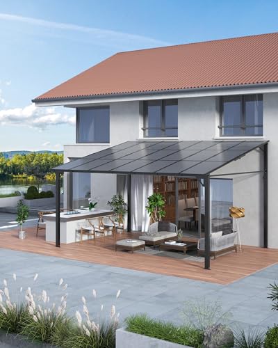 GarveeLife 12' x 14' Lean to Gazebo, Hardtop Wall Pergola with Polycarbonate Roof, Aluminum Frame Mounted Gazebo for Lawn Patio Deck Yard and Party Garveelife