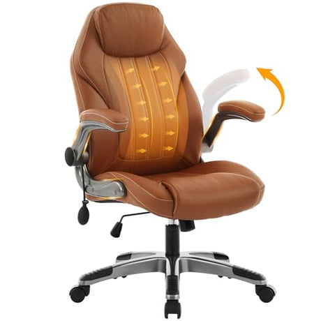 Office Desk Chair, Ergonomic Computer Chair with Padded Flip-Up Arms and Adjustable Lumbar Support, PU Leather Executive Chair with Tilt Lock and 360° Swivel Rolling Wheels for Work, Study Ylzyxal