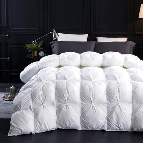 Three Geese Twin Size Pinch Pleat Duck Feather Down Fiber Comforter - All-Season Down Duvet Insert Fluffy Baffle Box Design with 8 Corner Loops for Warmth and Softness. Three Geese