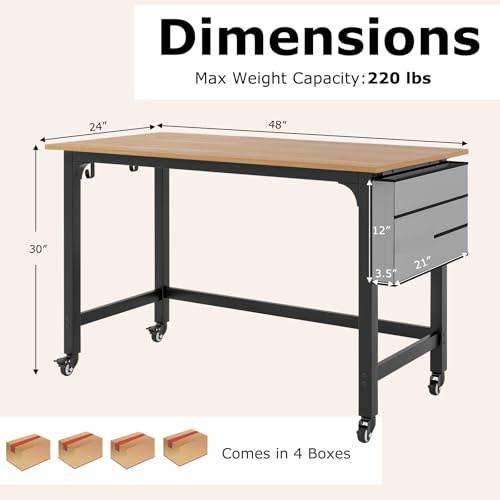 Tangkula Conference Room Table Set of 4, Mobile Computer Desk with Removable Storage Bag & 2 Hanging Hooks, Rolling Meeting Table with Heavy-Duty Metal Frame, Conference Desk (Natural) Tangkula
