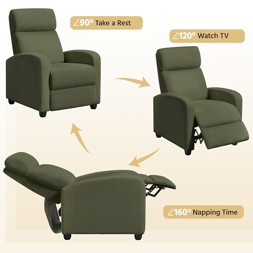 Topeakmart Corduroy Recliner Sofa Mid-Century Recliner Chair Single Reclining Chair Upholstered Sofa for Living Room Bedroom Home Theater Dark Green