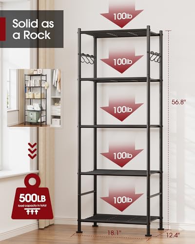 Sakugi Storage Shelves - 5-Tier Large Capacity Shelf Organizer with Hooks, Heavy-Duty Garage Shelving with Leveling Feet, Wobble-Free Rack for Bedroom, Balcony, Garage, 18.1"×12.4"×56.8", Black Sakugi