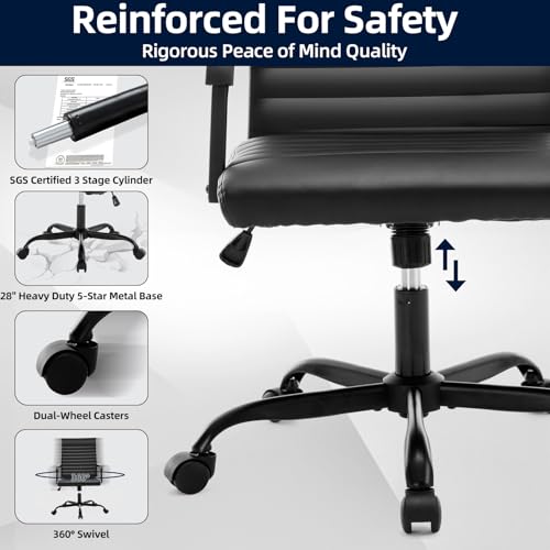 Haranuo Office Chair, Ergonomic Executive Conference Room Chairs, Ribbed Leather Desk Chair with Lumbar Support, Adjustable Height Mid-Back Swivel Chair with Padded Seat and Square Tube Armrests Haranuo