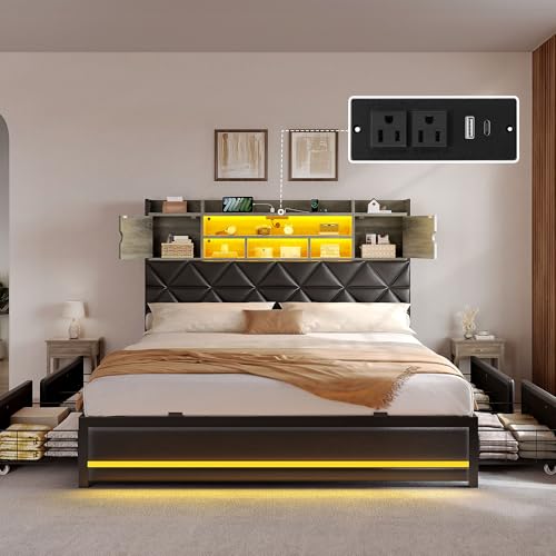DWVO Queen Size Bed Frame with RGB LED Lights & Storage Bookcase Headboard, Upholstered Bed with Charging Station and 4 Drawers, No Box Spring Needed, Easy Assembly, Noise-Free, PU Leather Black DWVO