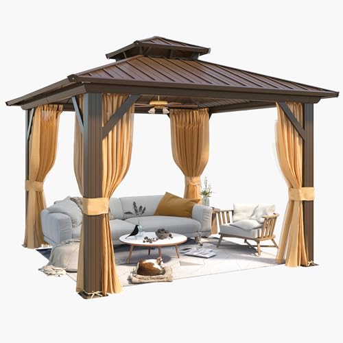 YOLENY 10' x 10' Hardtop Gazebo, Metal Gazebo with Aluminum Frame, Double Galvanized Steel Roof, Curtains and Netting Included, Pergolas for Patios, Garden, Parties, Lawns YOLENY