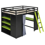 Merax Full Size Loft Bed with Desk and 6 Storage Shelves, Wardrobe, Blackout Curtain, Sturdy Wood Gaming Loft Bunk Bed Frame with USB Port & RGB Lights, Black+Green Merax