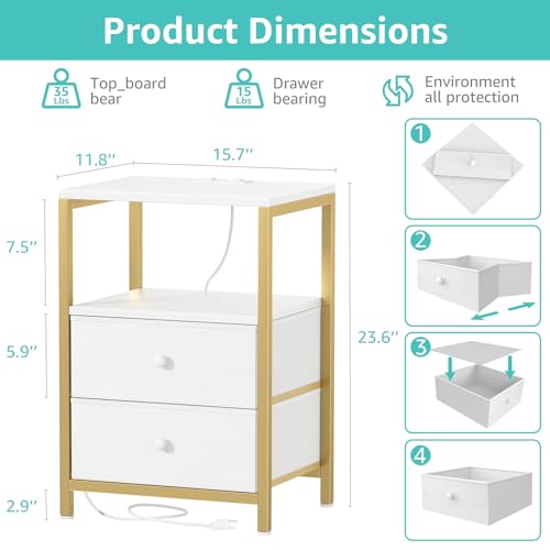 BOLUO Gold Nightstand with Charging Station, LED Night Stand with 2 Fabric Drawers, Bedside Table with USB Ports and Outlets, Nightstand for Bedroom Modern BOLUO