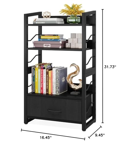 Hosfais Small Bookshelf with Drawer: 4-Tier Wood Book Shelf Industrial Narrow Bookcase Storage Organizer Metal Stackable Shelves for Desktop Bedroom Living Room Home Office (Black) Hosfais