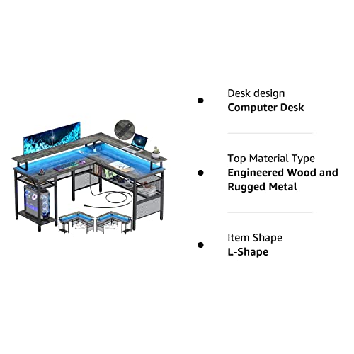 Unikito Reversible L-Shaped Computer Desk with Power Outlets, LED Lights and Storage Solutions in Black Oak - WoodArtSupply