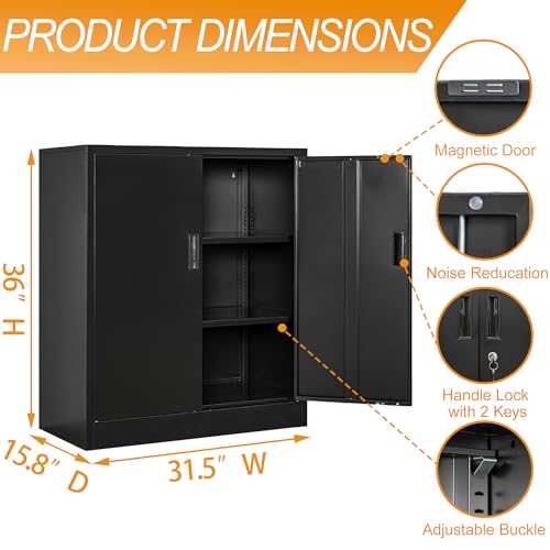 BESFUR Metal Garage Storage Cabinet with 2 Locking Doors and 2 Adjustable Shelves, 36" Black Metal Short Storage Cabinet for Home Office,Garage,School,Utility Room BESFUR