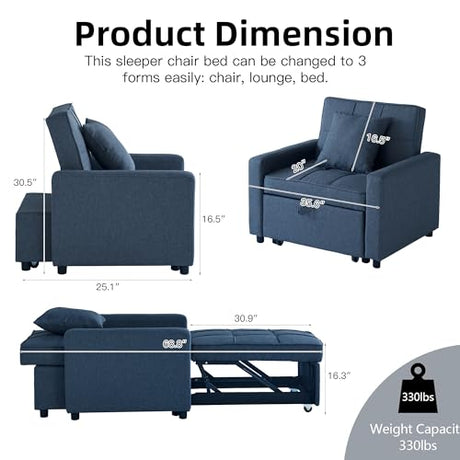Homotive Sleeper Sofa Bed 3-in-1 Sleeper Chair Pull Out Bed, Futon Couch, Convertible Sofa Bed with Reclining Backrest, 35.6" (Blue) Homotive
