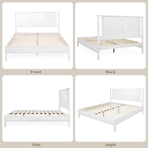 Bme Ethan Solid Wood King Bed Frame with Diamond Headboard - Rustic & Mid-Century Modern - Acacia Wood Platform Bed - Compatible with All Mattresses - No Box Spring Needed - Rustic White Bme