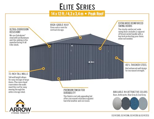 Arrow Shed Elite 14' x 12' Tall Outdoor Steel Storage Shed with High Gable and Lockable Doors Storage Building, Anthracite Arrow