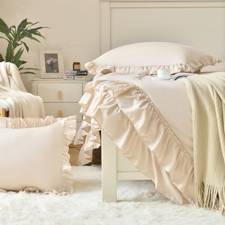 Cupocupa Beige Full Comforter Set, 3Pcs Ruffle Farmhouse Bedding Sets with Comforter & Pillowcases, Soft Shabby Chic Lightweight Fluffy Comforter Set for All Season Bedroom Decor (Beige, F) Cupocupa