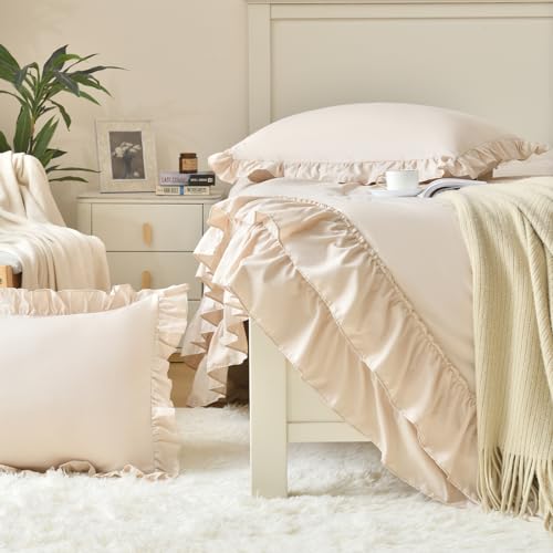 Cupocupa Pink Ruffle King Size Comforter Set, Shabby Chic Boho Bedding Comforter Sets, Fluffy Cozy Bedding Comforters & Sets for All Season, 3PCS Lightweight Farmhouse Rustic Bedding Sets, Beige Cupocupa