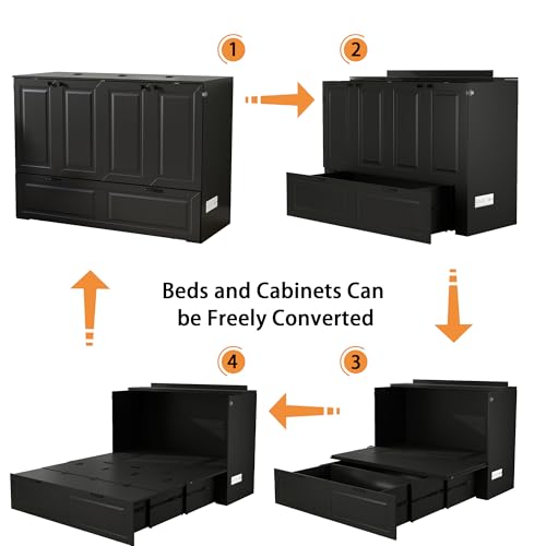 Mhsatyrs Murphy Bed Full Size: Black 2 in 1 Murphy Bed Cabinet with Drawer, Wood Cabinet Bed with Charging Station, Modern Hidden Beds for Small Spaces Mhsatyrs