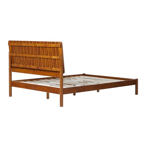 Walker Edison Queen Transitional Vertical Slatted Headboard Solid Wood Bed, Queen Size, Brown Walker Edison