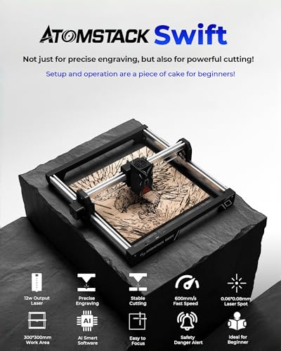 ATOMSTACK Swift Laser Engraver for Beginners, 12000mW Output Laser Cutter, Laser Class 4, 300×300mm Working Area, 0.08mm Accuacy Engraving Machine for Wood, Leather, Coated Metal, Acrylic (Swift 12W) KoveYzao