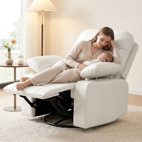 Nursery Glider Recliner with Adjustable Armrests, Oversized Comfortable Nursing Chair for Breastfeeding Moms, 360°Swivel, 90°-160° Recline, Quiet Rocking Chair Nursery for Living Room, White AILEEKISS