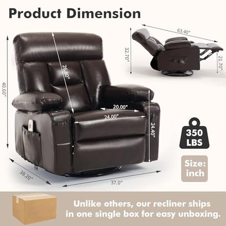 Comermax Rocker Recliner Chair with Heat and Massage, Wide Seat Heated Massaging Reclining Chair, Faux Leather Manual Swivel Rocking Recliners with Cup Holder, Dark Brown Comermax