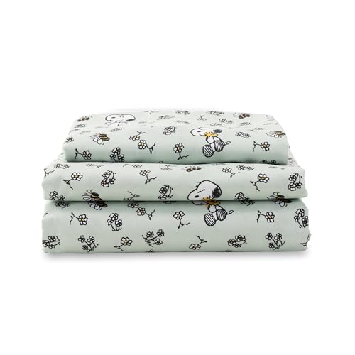 Berkshire Blanket Peanuts® Kids Sheet Set Twin Size - 3 Pieces,Cute Character Snoopy Printed Soft Microfiber Bed Sheets,Mini Snoopy & Woodstock New Flower and Bees Sage Berkshire Blanket