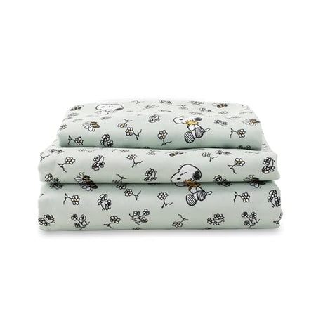 Berkshire Blanket Peanuts® Kids Sheet Set Twin Size - 3 Pieces,Cute Character Snoopy Printed Soft Microfiber Bed Sheets,Mini Snoopy & Woodstock New Flower and Bees Sage Berkshire Blanket